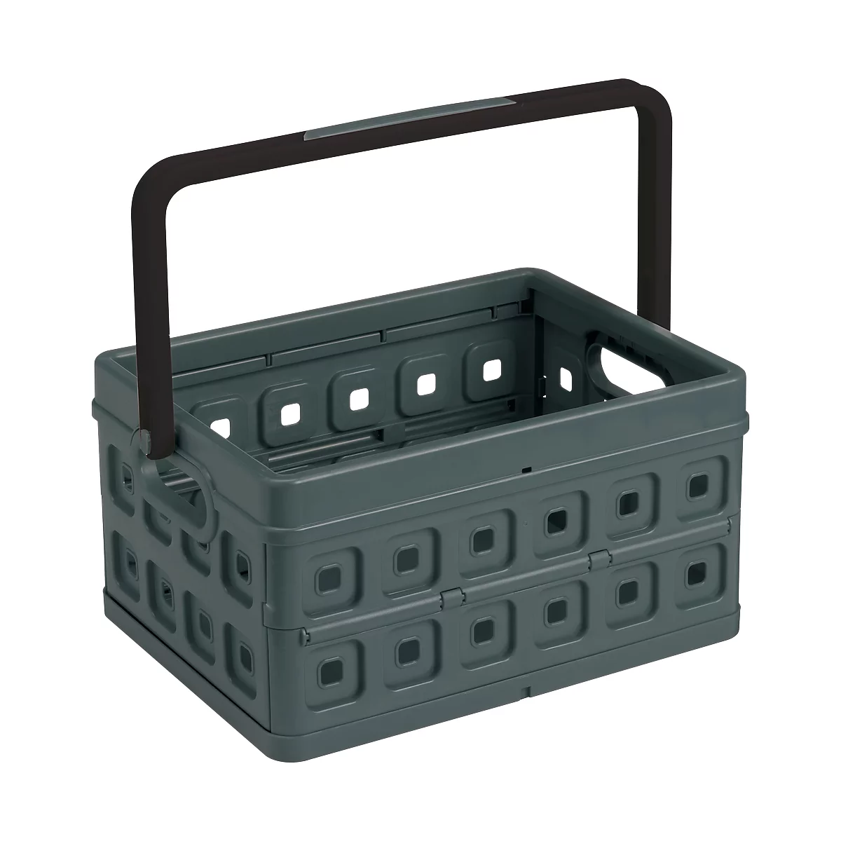 Graue, faltbare Einkaufskorb-Box mit schwarzem Griff, quadratischen Mustern und Öffnungen.
