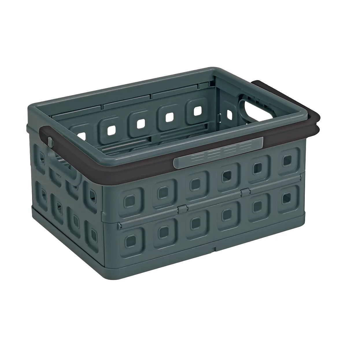 Graue, zusammenklappbare Aufbewahrungsbox mit quadratischen Öffnungen und schwarzen Griffen.