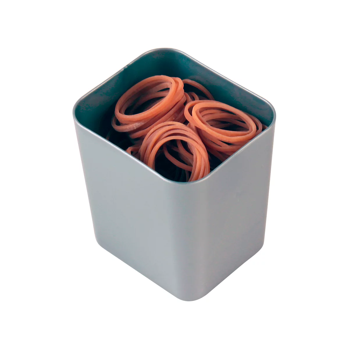 Un recipiente cuadrado gris lleno de bandas elásticas naranjas.