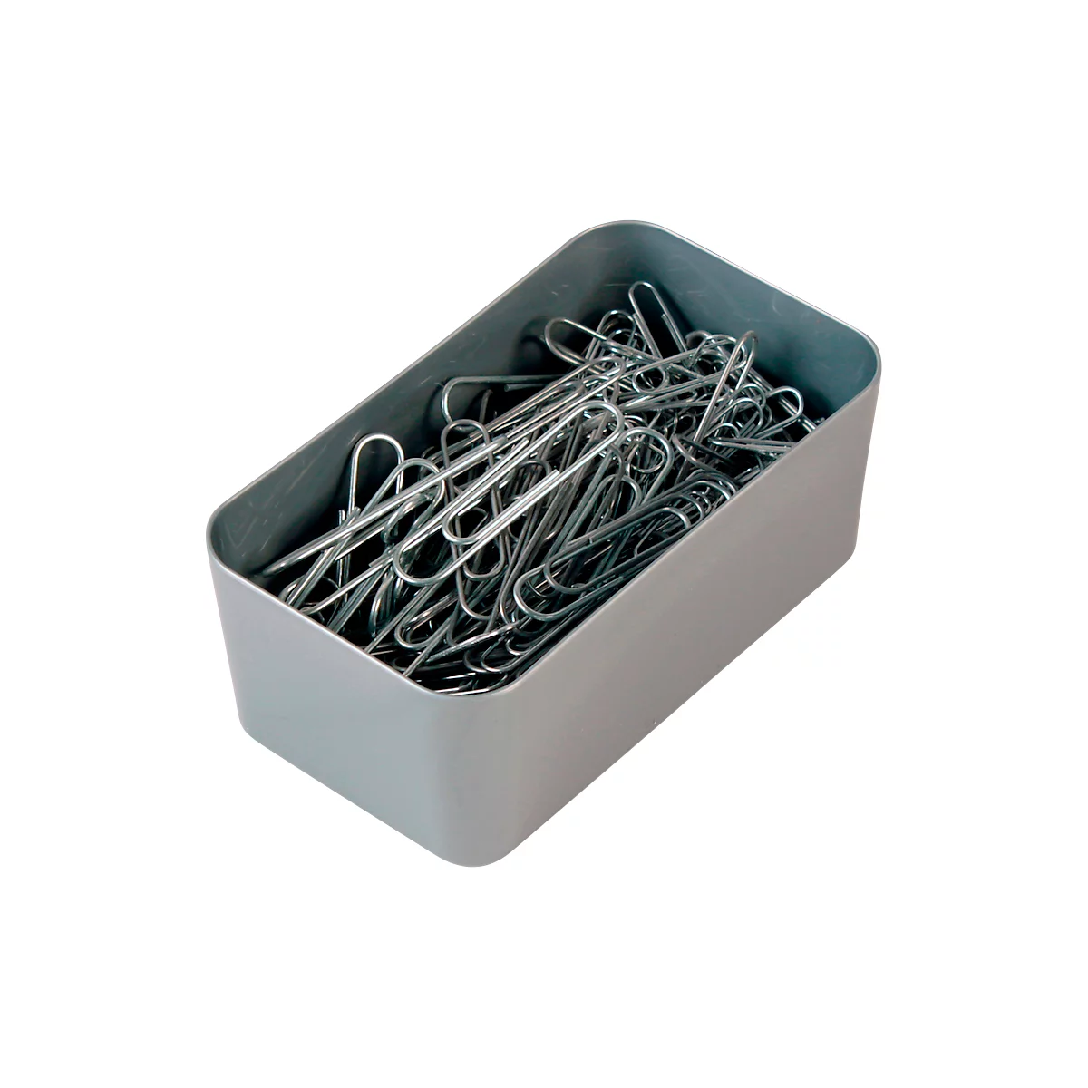 Caja gris llena de clips.