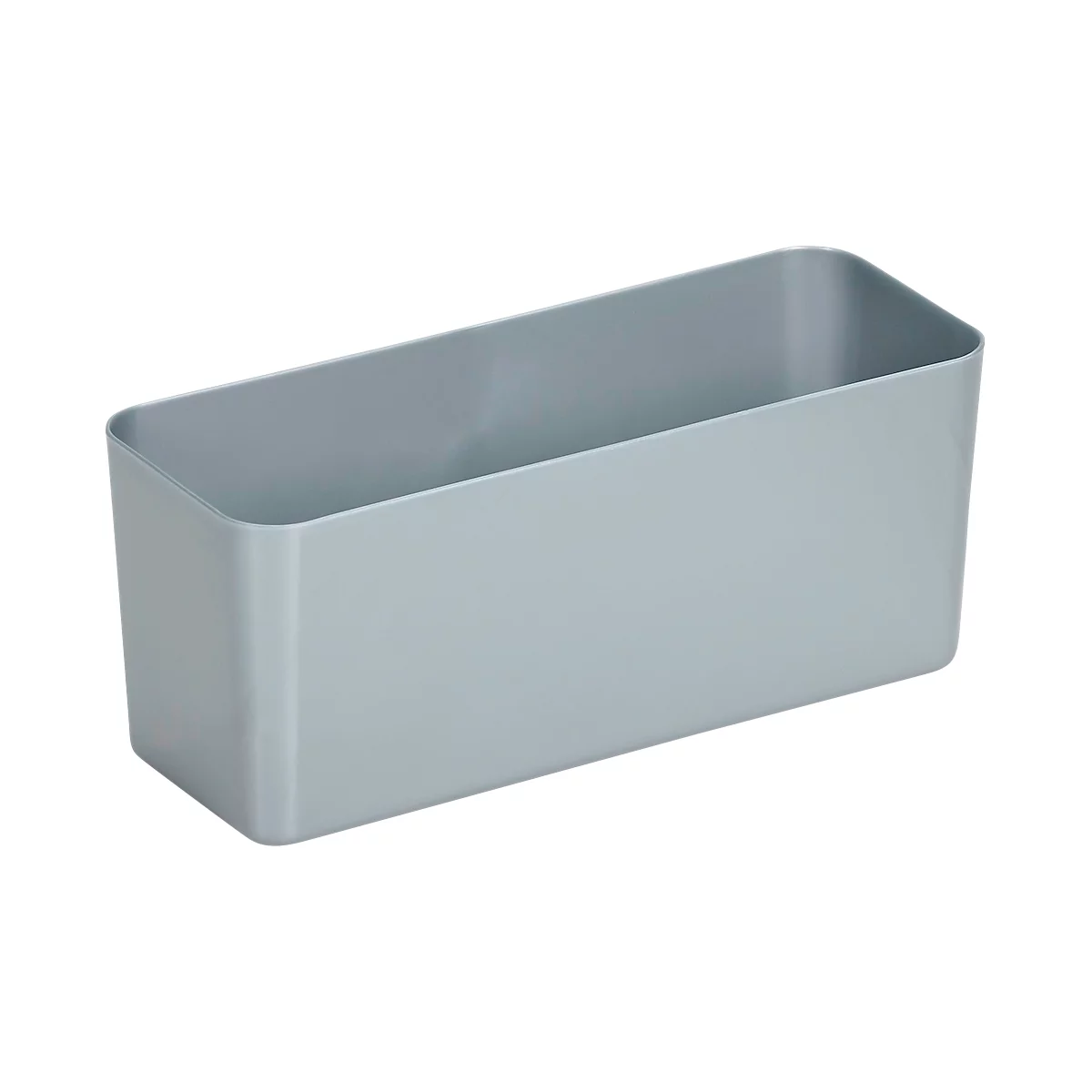 Caja de almacenamiento rectangular gris, hecha de plástico liso.