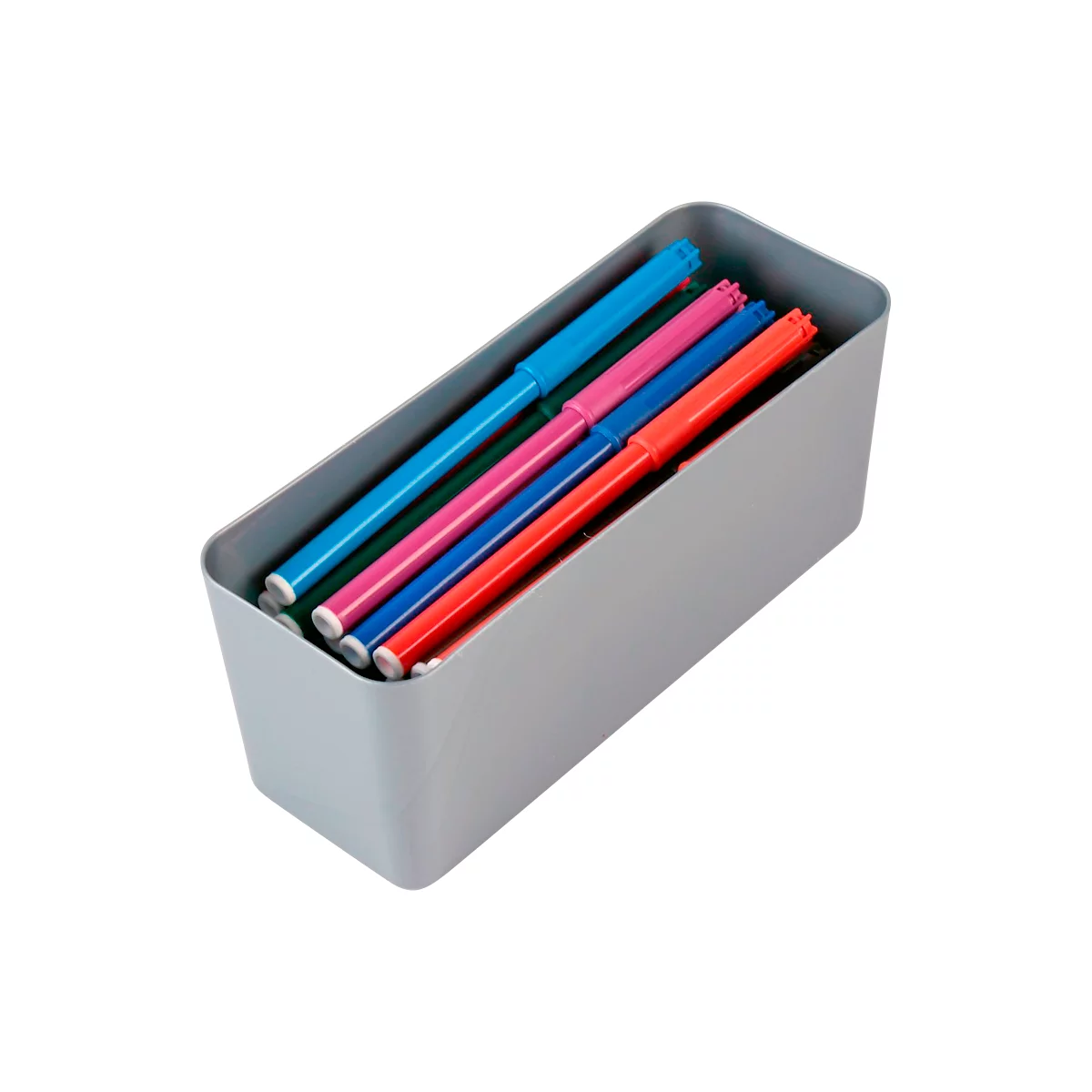 Caja gris con bolígrafos de colores. Bolígrafos azules, rosas, rojos y verdes visibles.