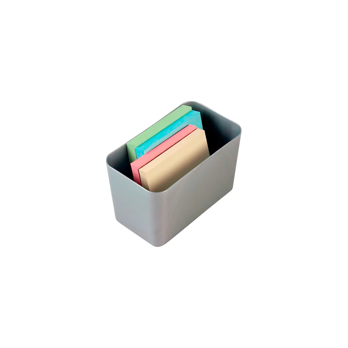 Grijze container gevuld met gekleurde post-its.