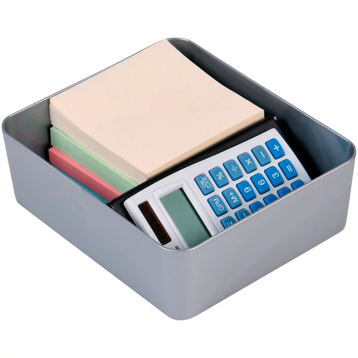 Grijze bureaulade met plakbriefjes en een rekenmachine. De rekenmachine rust op roze, groene en beige briefjes.