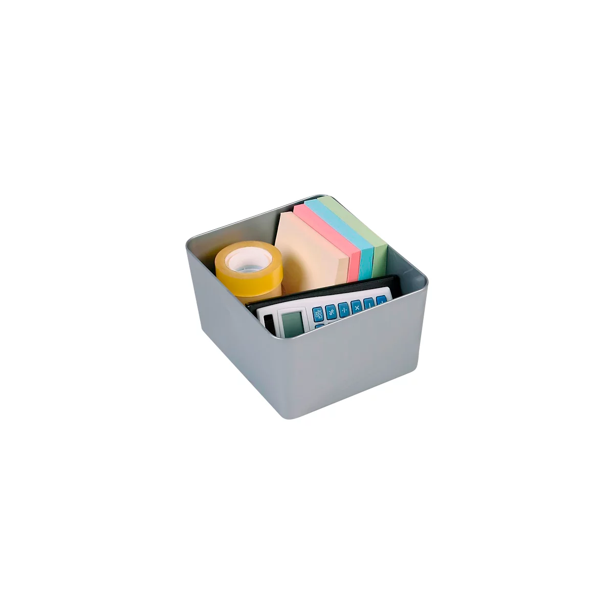 Grijze container gevuld met kantoorbenodigdheden: plakband, plakbriefjes en een rekenmachine.