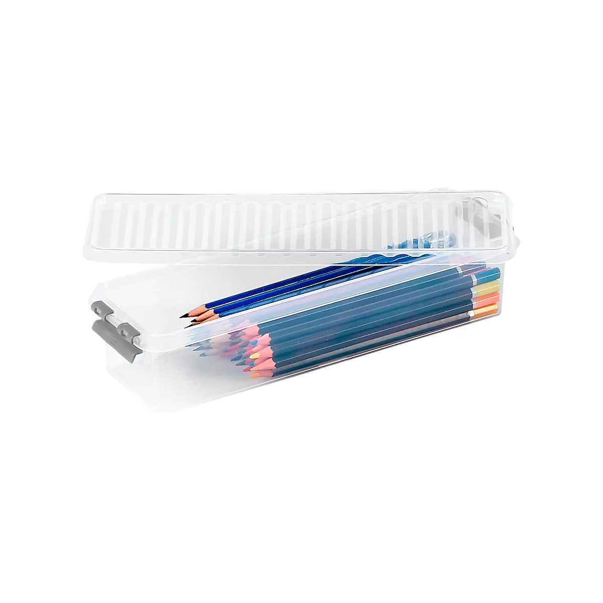 Transparent pencil box, partially open, filled with colored pencils. The lid has a ribbed structure.