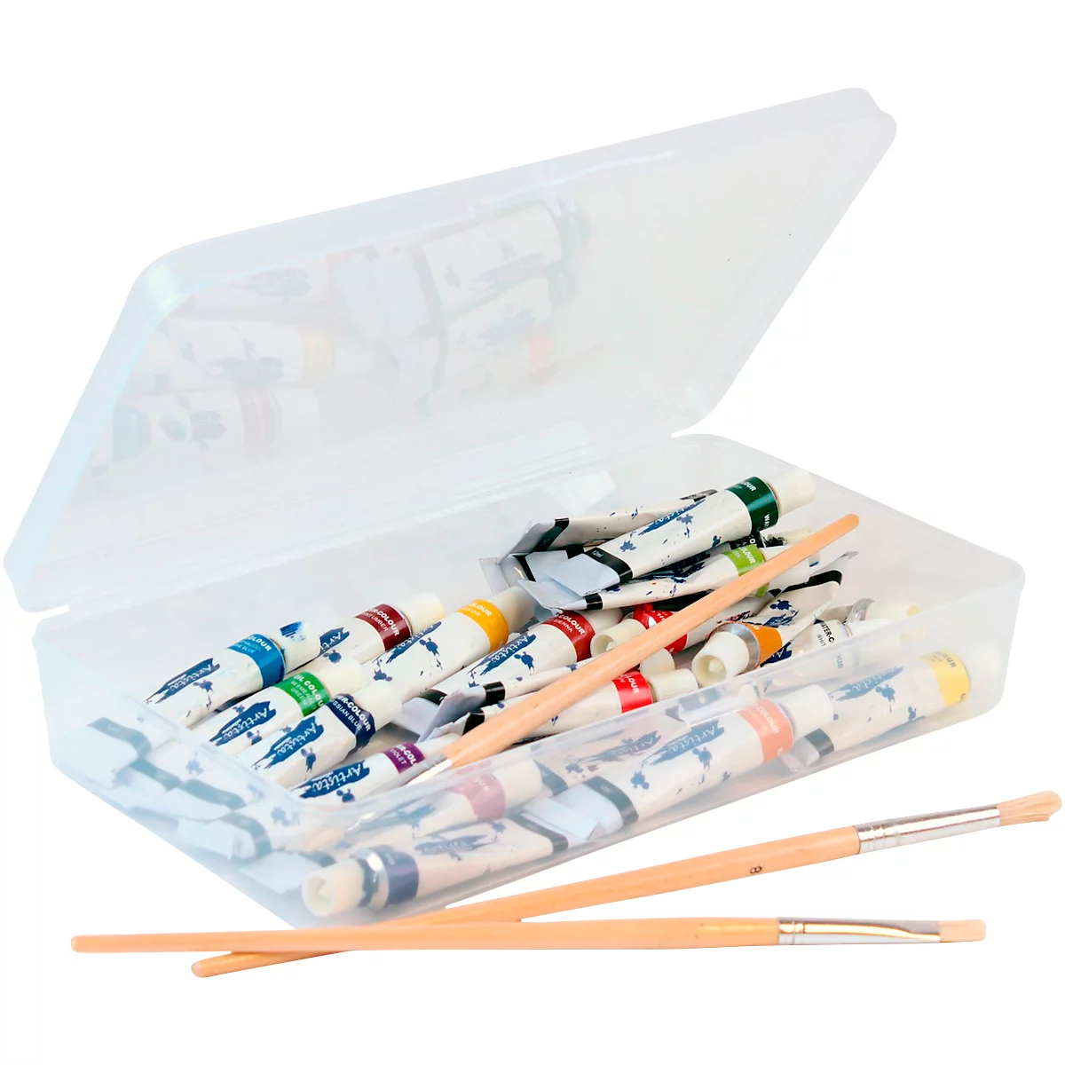 A transparent plastic box with lid filled with paint tubes and two paint brushes.