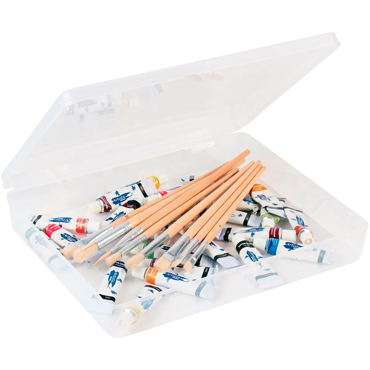 Open transparent box with paintbrushes and tubes of paint.