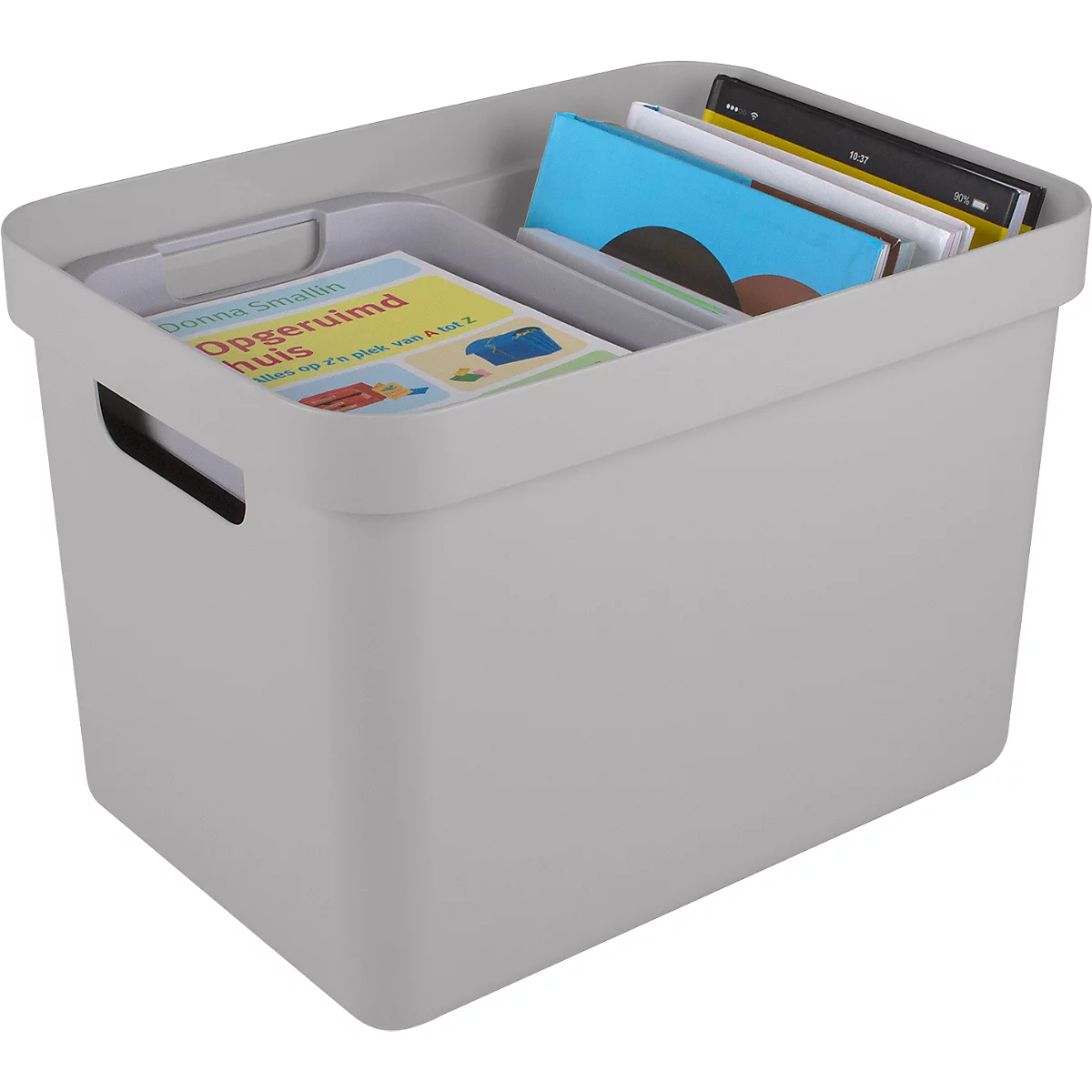 Grey storage box with handles and books. One book reads "Opgeruimd huis".