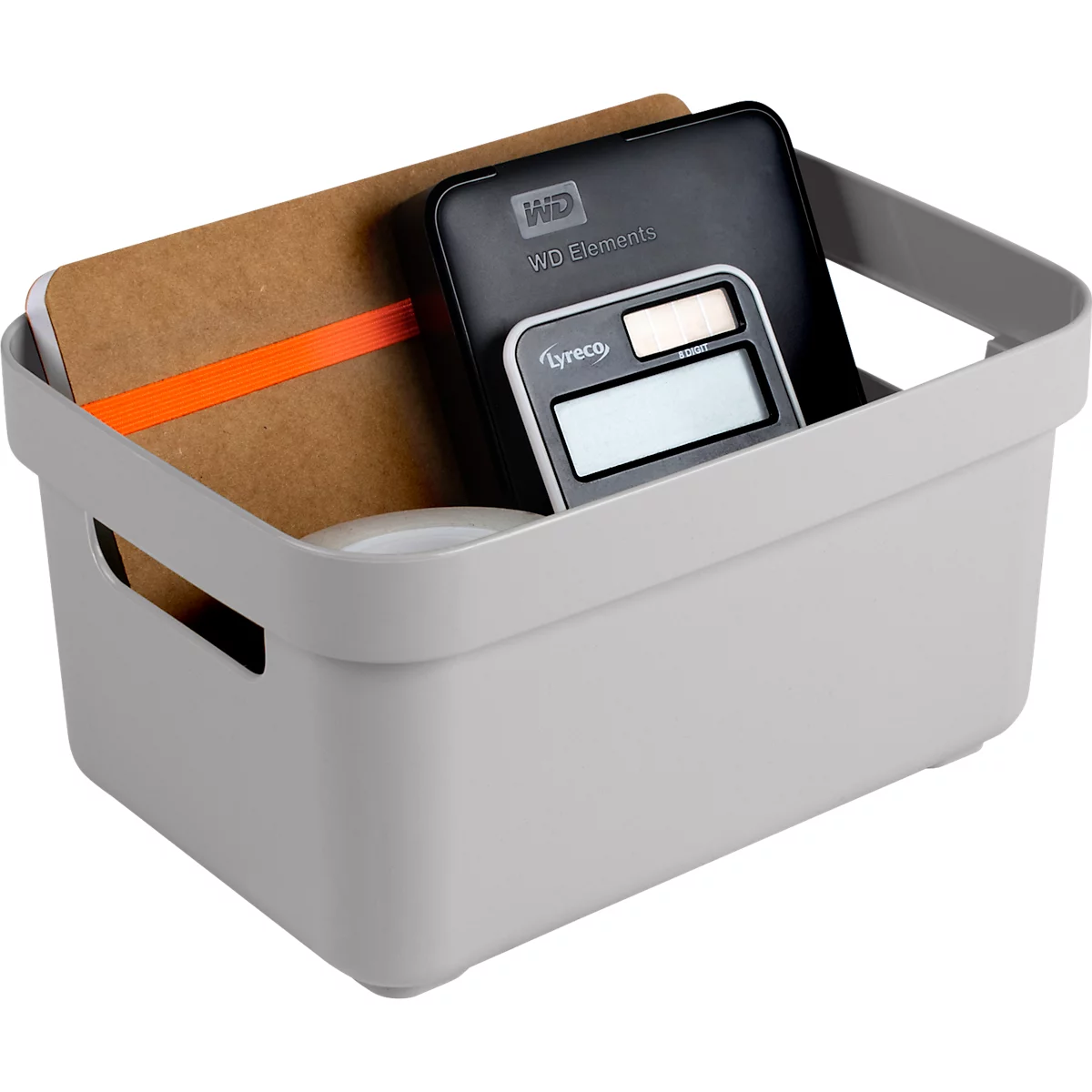 Grey storage box filled with a notebook, hard drive, and calculator.