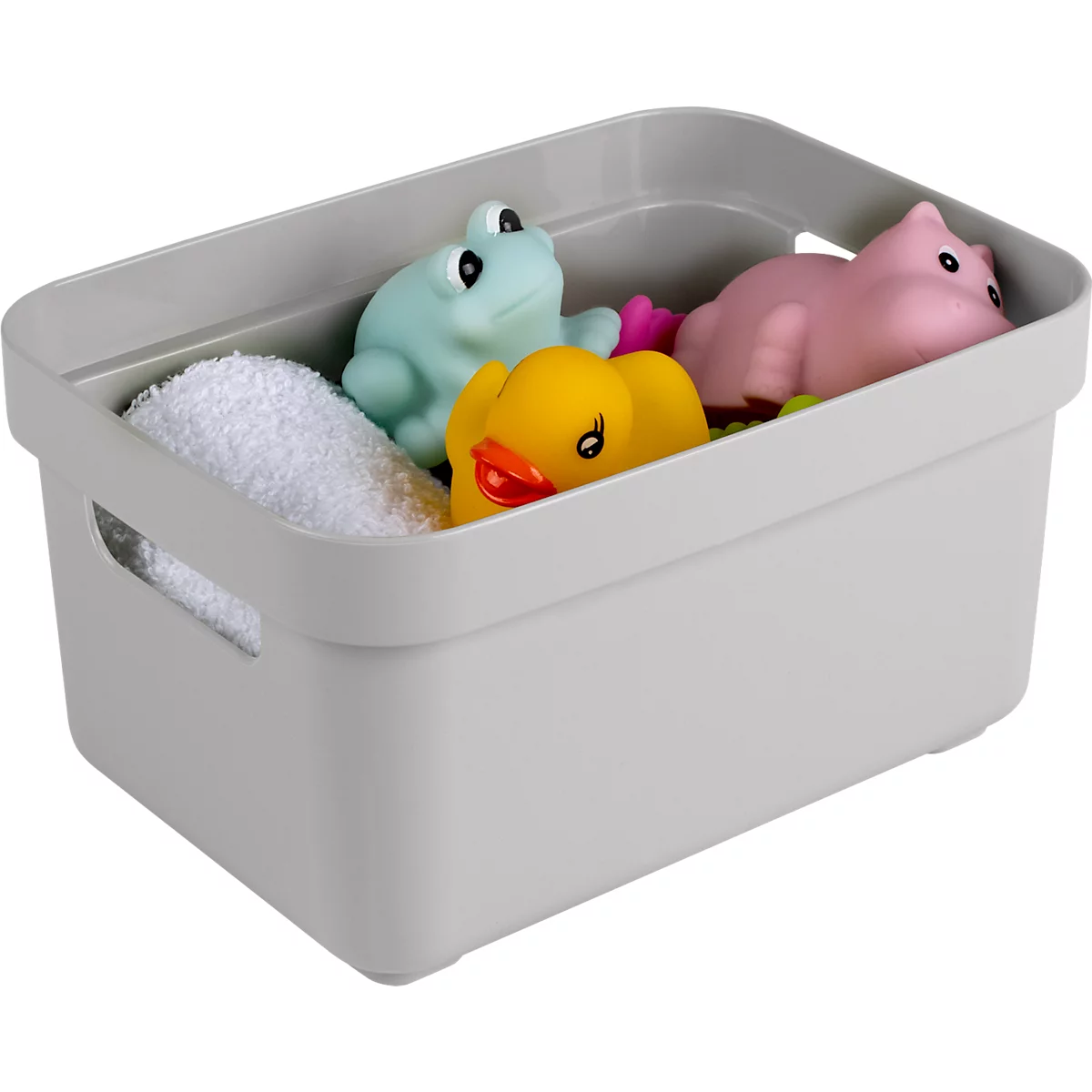Gray storage box with rubber duck, frog and hippopotamus, with a white towel.