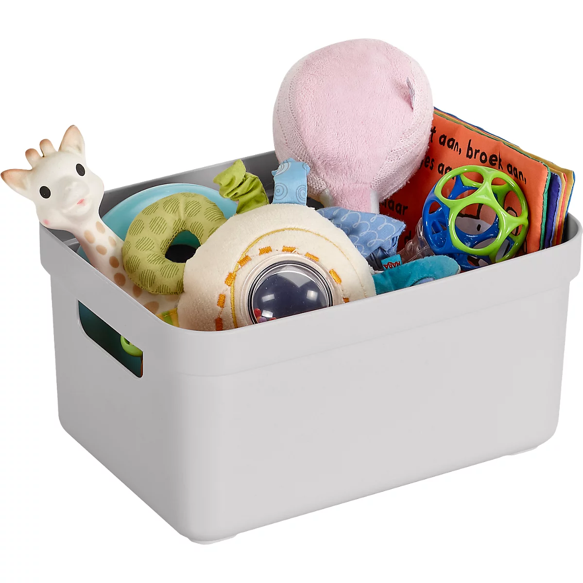Grey plastic box filled with toys: giraffe, ball, stuffed animals, book. Detailed view.