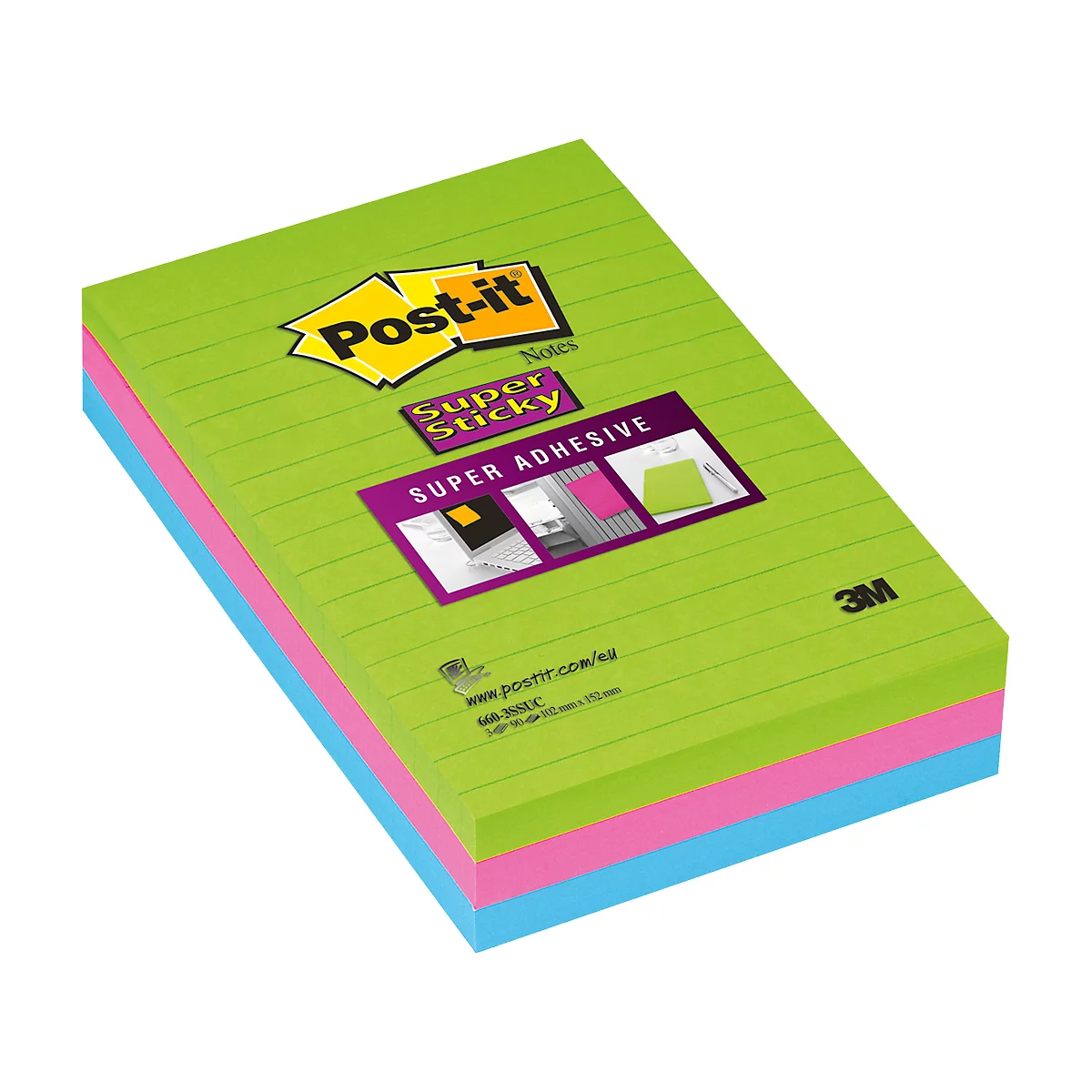 Super post-its, gelinieerd, 101 x 152 mm, 90 notitieboeken, pak met 3 blokken