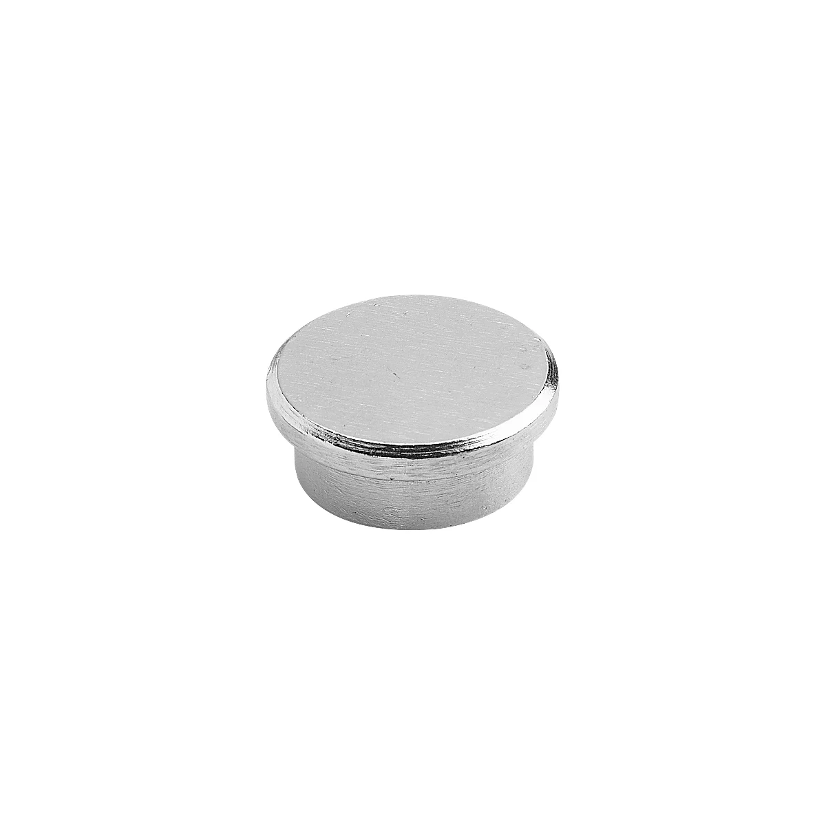 A silver furniture knob, round and flat. The edge is slightly beveled.