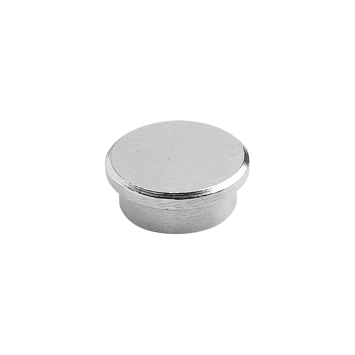 Round, silver button, metallic shine, probably made of stainless steel.