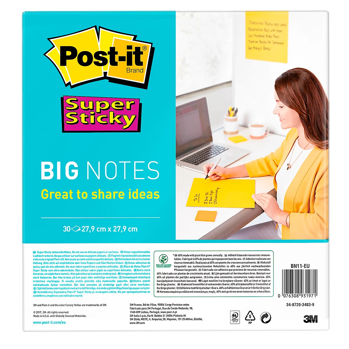 Post-it Grandes notes super collantes, 27,9 x 27,9 cm, 30 feuilles/bloc, 1  bloc (BN11), grand papier jaune vif, super pouvoir collant, colle et  resticks : : Fournitures pour le bureau