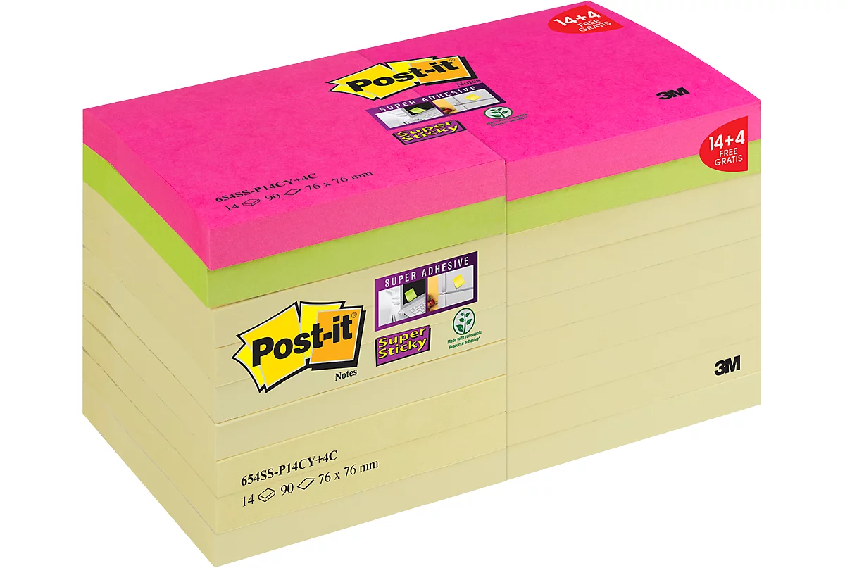 Notes jaunes SUPER STICKY POST-IT 76 x 76 mm - Bloc de 90 feuilles