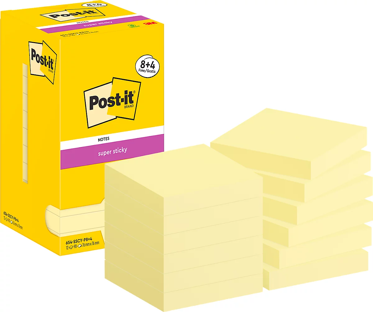 Super Sticky Post-it 654-SSCY-P8+4, 8 Blöcke, 90 Blatt je Block, je 76 x 76 mm, PEFC-zertifiziert, cellophanfrei verpackt, gelb + 4 Blöcke gratis