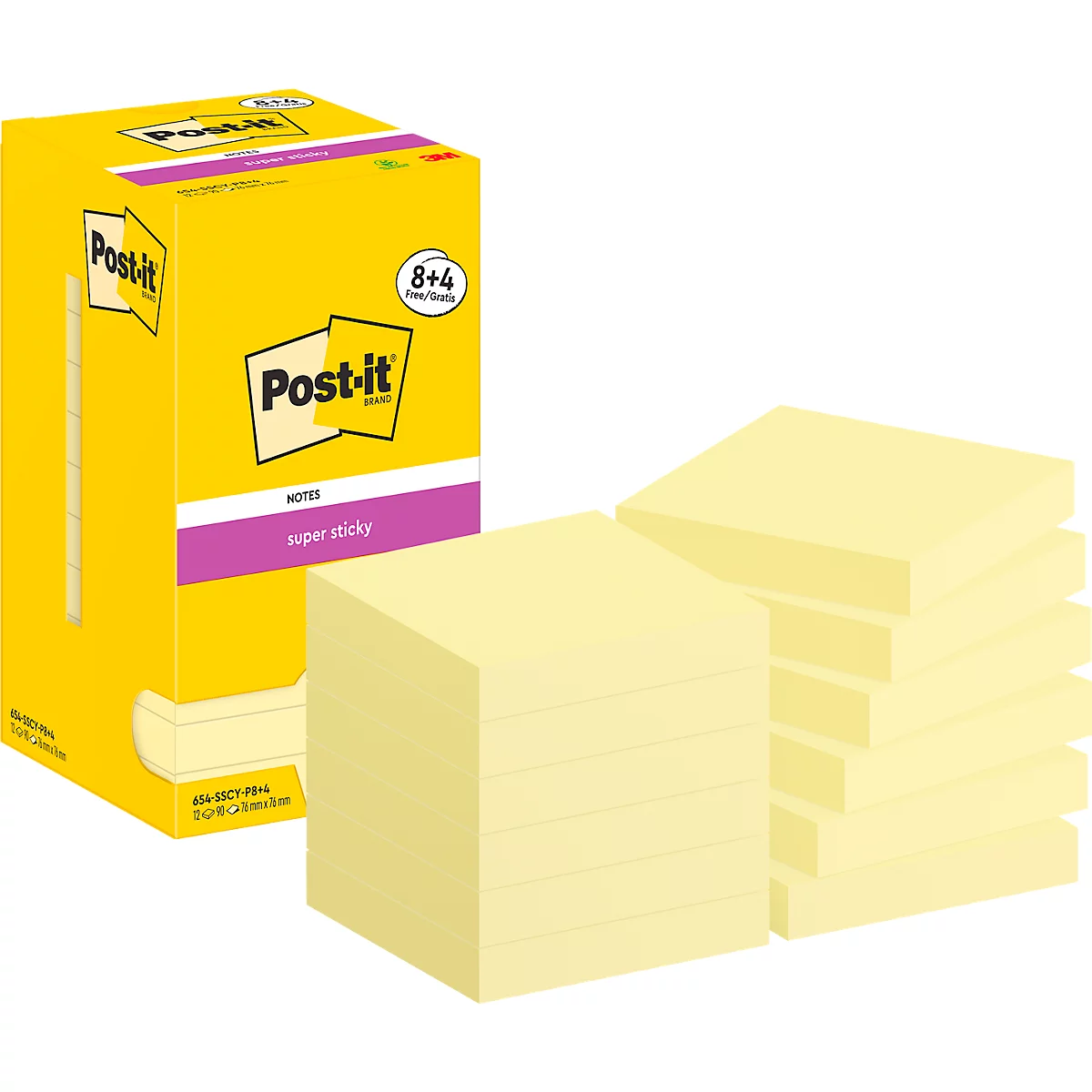 Super Sticky Post-it 654-SSCY-P8+4, 8 Blöcke, 90 Blatt je Block, je 76 x 76 mm, PEFC-zertifiziert, cellophanfrei verpackt, gelb + 4 Blöcke gratis