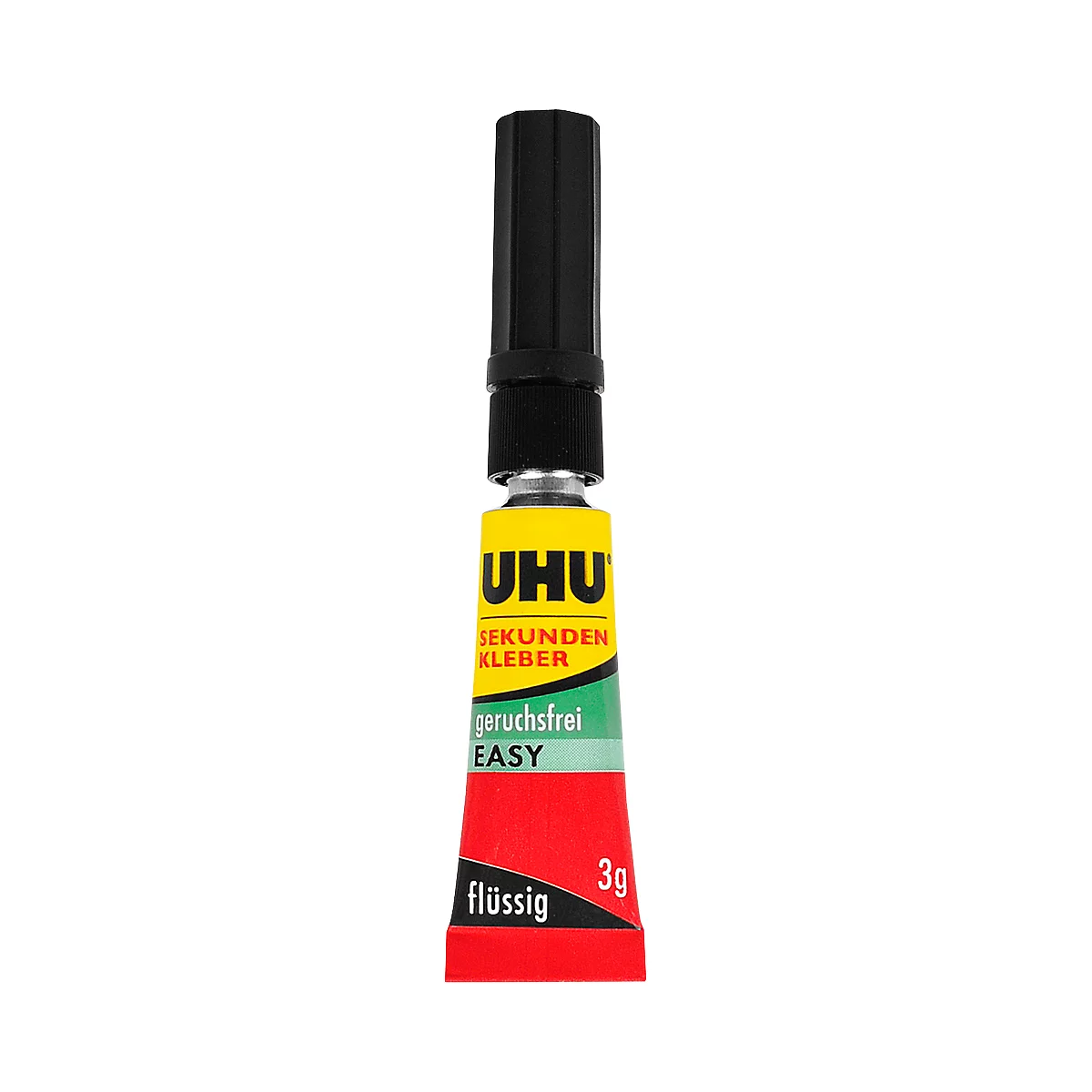 UHU Super Glue bottle in yellow, green and red with a black lid. Inscription: UHU, seconds glue, odorless, EASY, liquid, 3g.