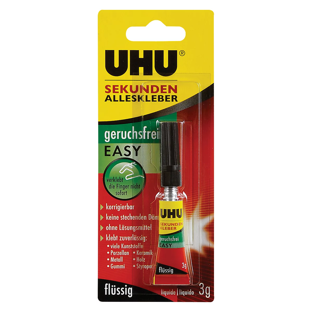 Close-up of a UHU super glue package. Yellow background with a red glue stick, advertising odorless glue.