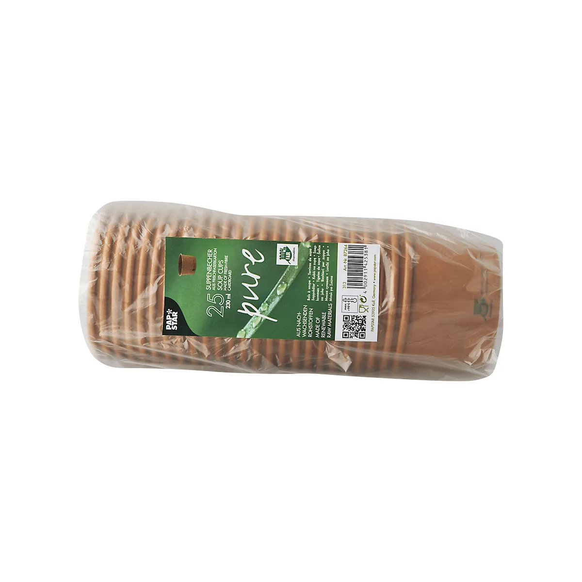 Ein Paket brauner Suppenbecher in Folie, mit Aufkleber, Inschrift 'pure'