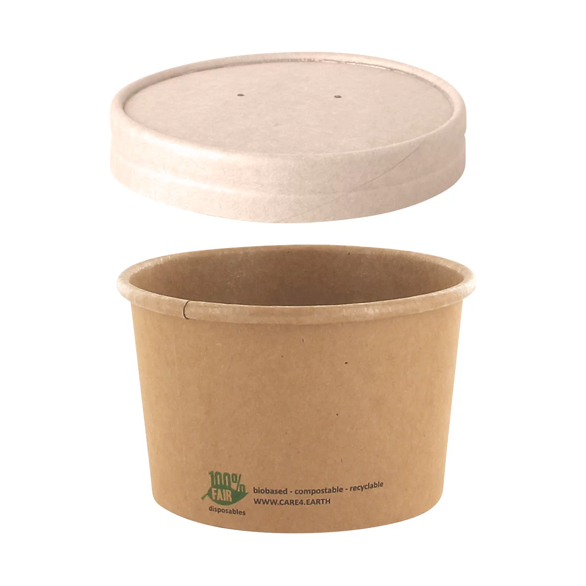 Braune Suppenschale mit Deckel, darunter Schriftzug: 100% FAIR, biobased, kompostierbar, recyclebar. WWW.CARE4EARTH
