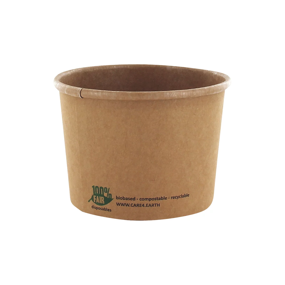 Becher aus braunem Karton. Aufschrift: 100% FAIR, biobasiert, kompostierbar, recycelbar.