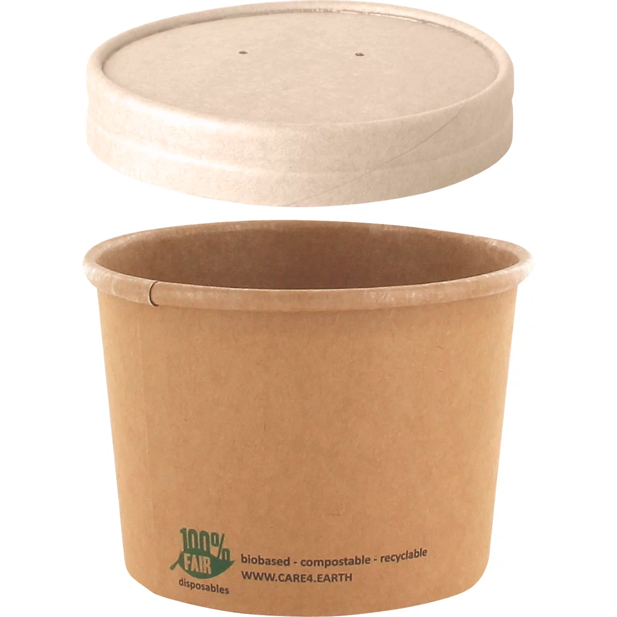 Braune Suppenschüssel mit Deckel. Der Deckel ist leicht beige und hat zwei kleine Löcher. Die Schüssel ist mit der Aufschrift 100% Fair versehen.