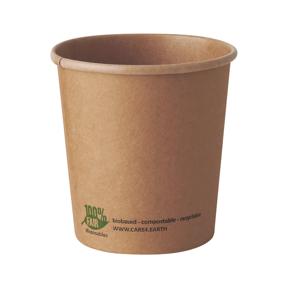 Becher aus braunem Papier. Aufdruck: 100% fair, biobasiert, kompostierbar, recycelbar.
