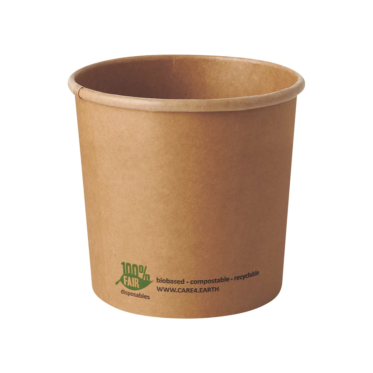 Becher aus braunem Papier, Aufdruck mit '100% FAIR' und weiteren Angaben.