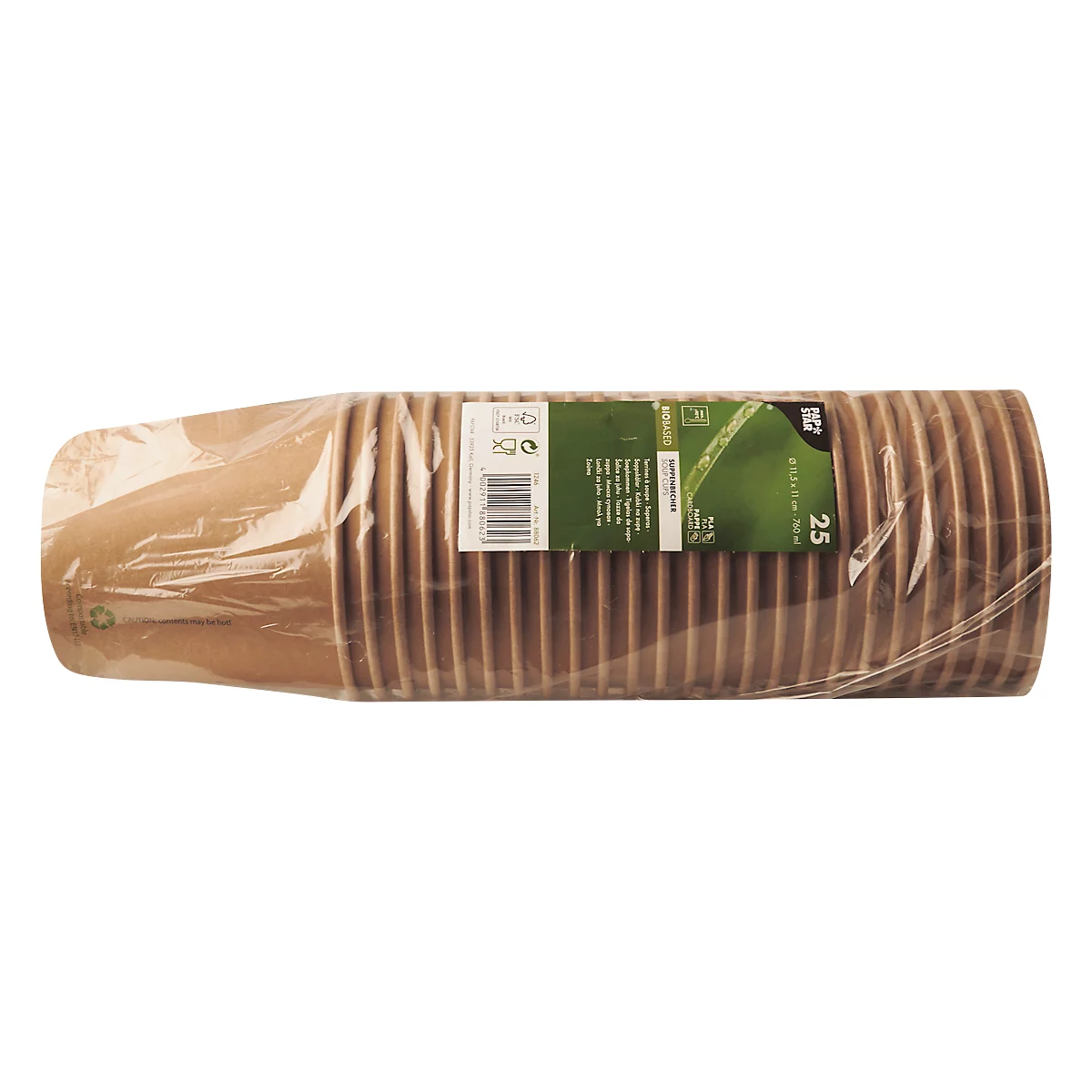 Ein Paket Pappbecher, durchsichtig verpackt. Etikett mit Produktinformationen.