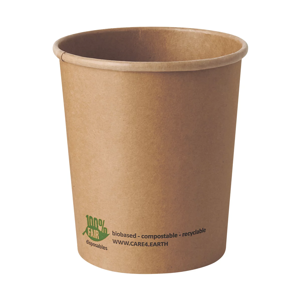 Ein brauner Becher aus Pappe. Aufgedruckt: fair, biobasiert, kompostierbar, recycelbar.