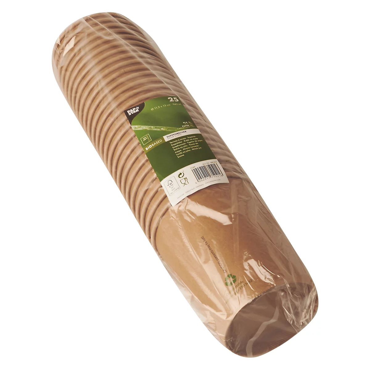 Zylindrisch verpackte Pappbecher. Auf dem Etikett steht 25 Stück.