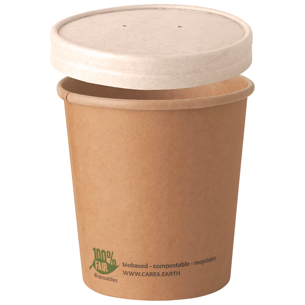 Becher mit Deckel aus Pappe. Auf dem Becher steht "100% FAIR", "biobased - compostable - recyclable".