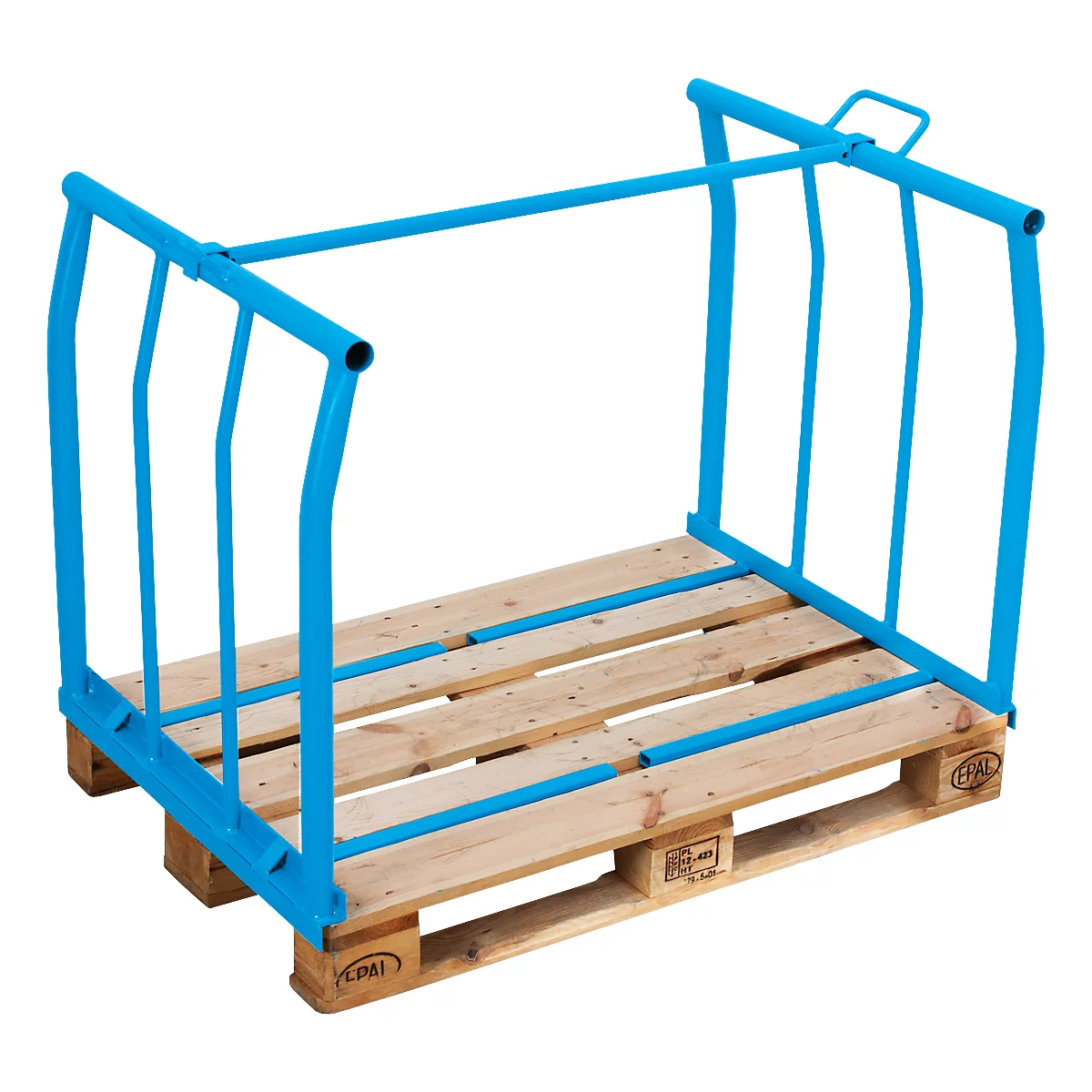 Cadre de cage palette bleu sur une palette en bois; cadre de palette pour le transport et le stockage.