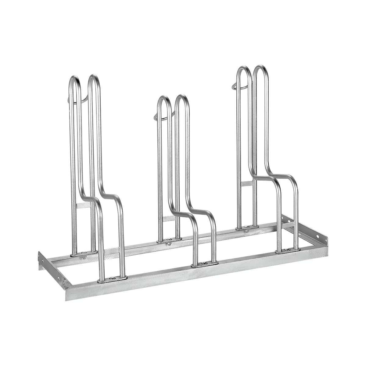 Support à vélos, 1 côté, p. pneus jusqu'à 55 mm de large, l. 1050 x P 1850 x H 740 mm, acier galvanisé, 3 places de stationnement, non monté