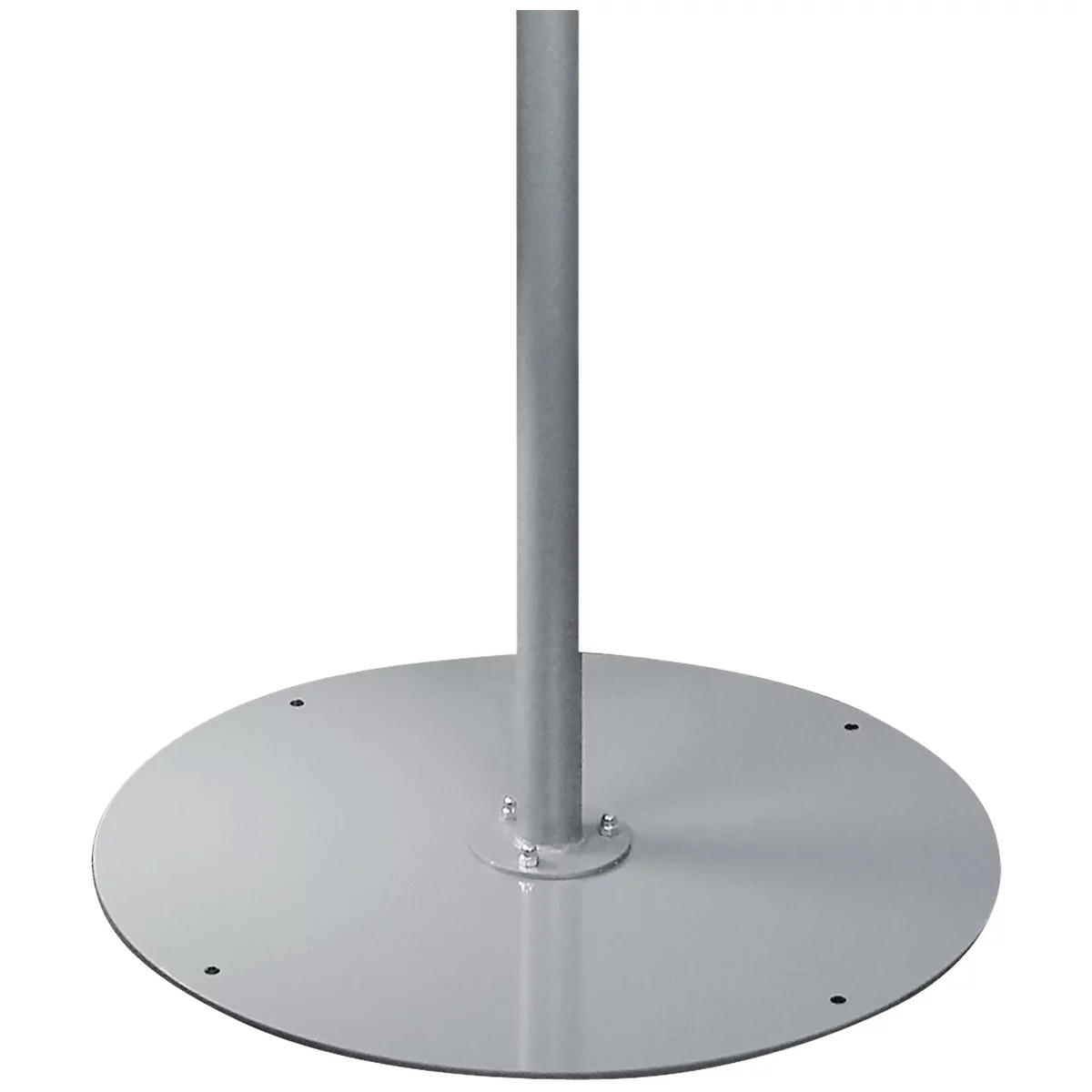 Base ronde grise avec un tuyau vertical. Quatre vis relient le tuyau à la base.
