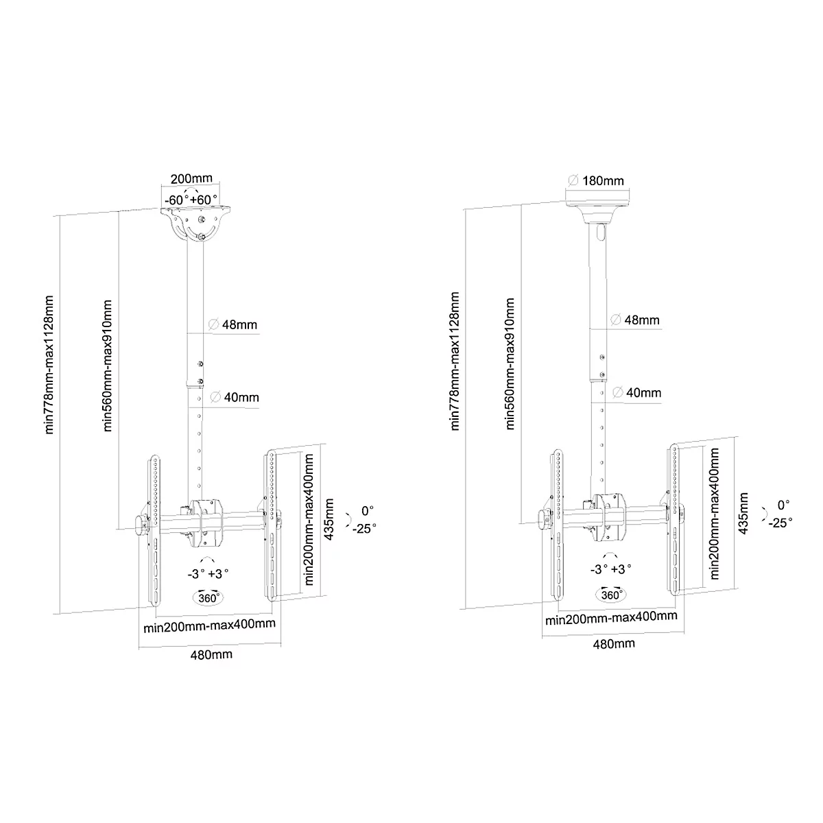 Support d'écran de plafond NM-C440BLACK NewStar, jusqu'à 60', inclinable/rotatif/pivotant, hauteur ajustable
