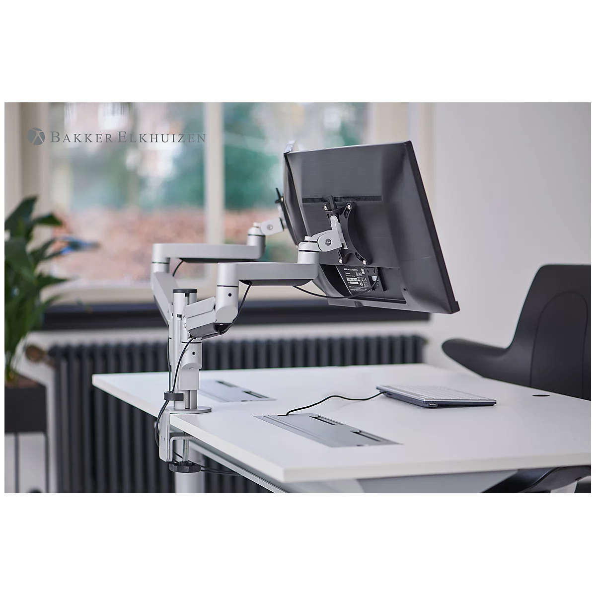 Support d'écran double Premium Office BakkerElkhuizen, jusqu'à 12 kg, pince de fixation, pivotant/hauteur ajustable, guide-câbles