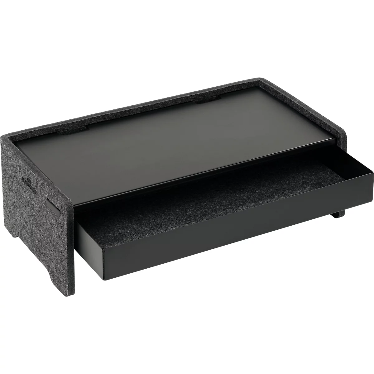 Support de moniteur noir avec tiroir. Le tiroir est ouvert et possède une surface douce grise.