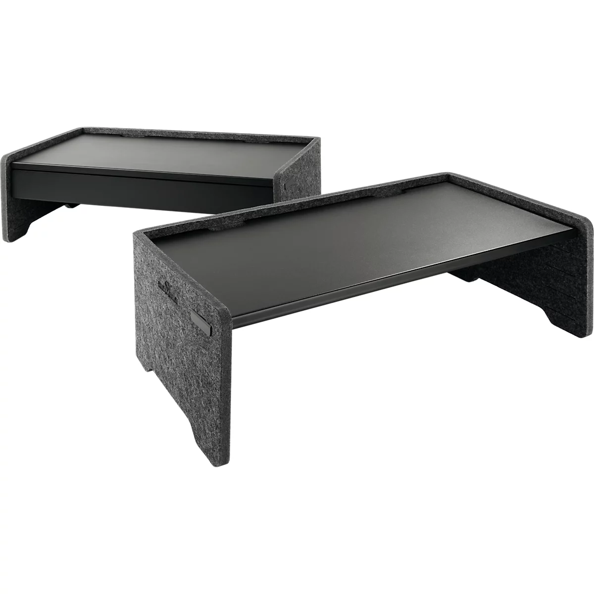 Deux rehausseurs d'écran noirs, rectangulaires, avec une garniture en feutre gris.