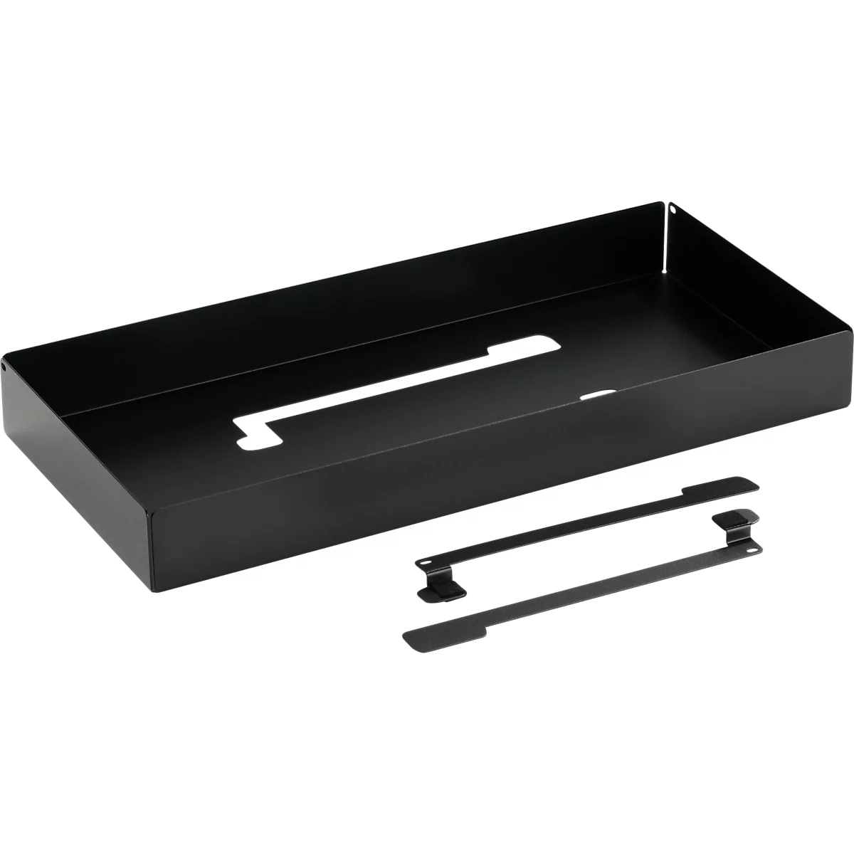 Un plateau métallique rectangulaire noir avec des sections découpées et deux supports séparés.