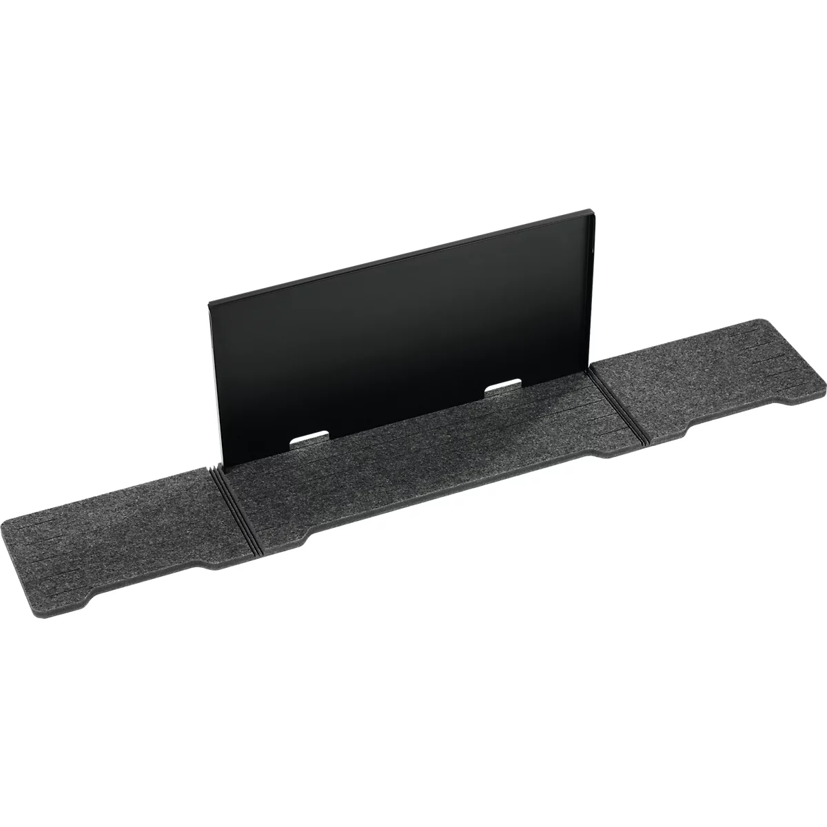 Protection d'écran noir posée sur une base rectangulaire grise.