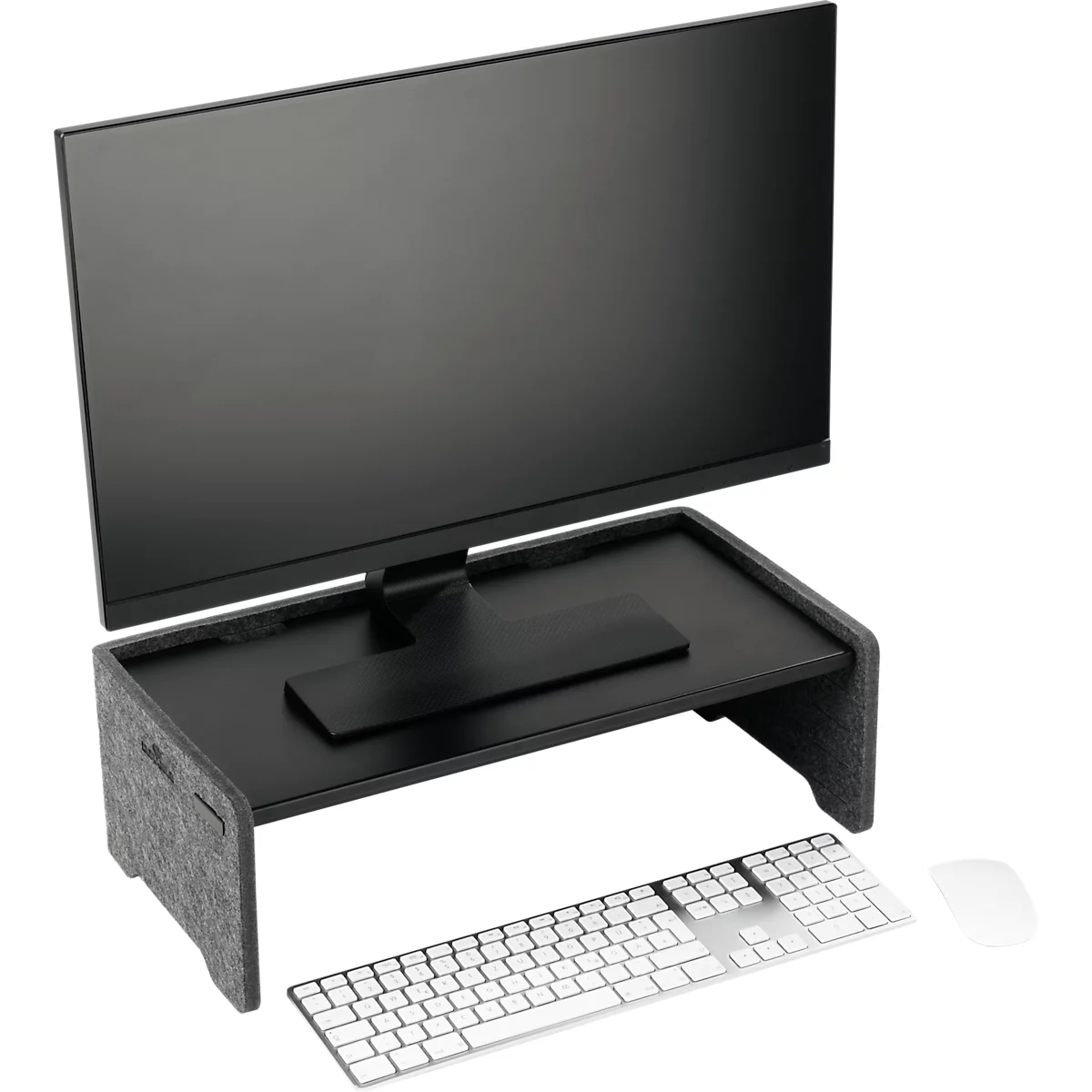 Écran noir sur un support avec des côtés en feutre gris. Un clavier et une souris sont en dessous.