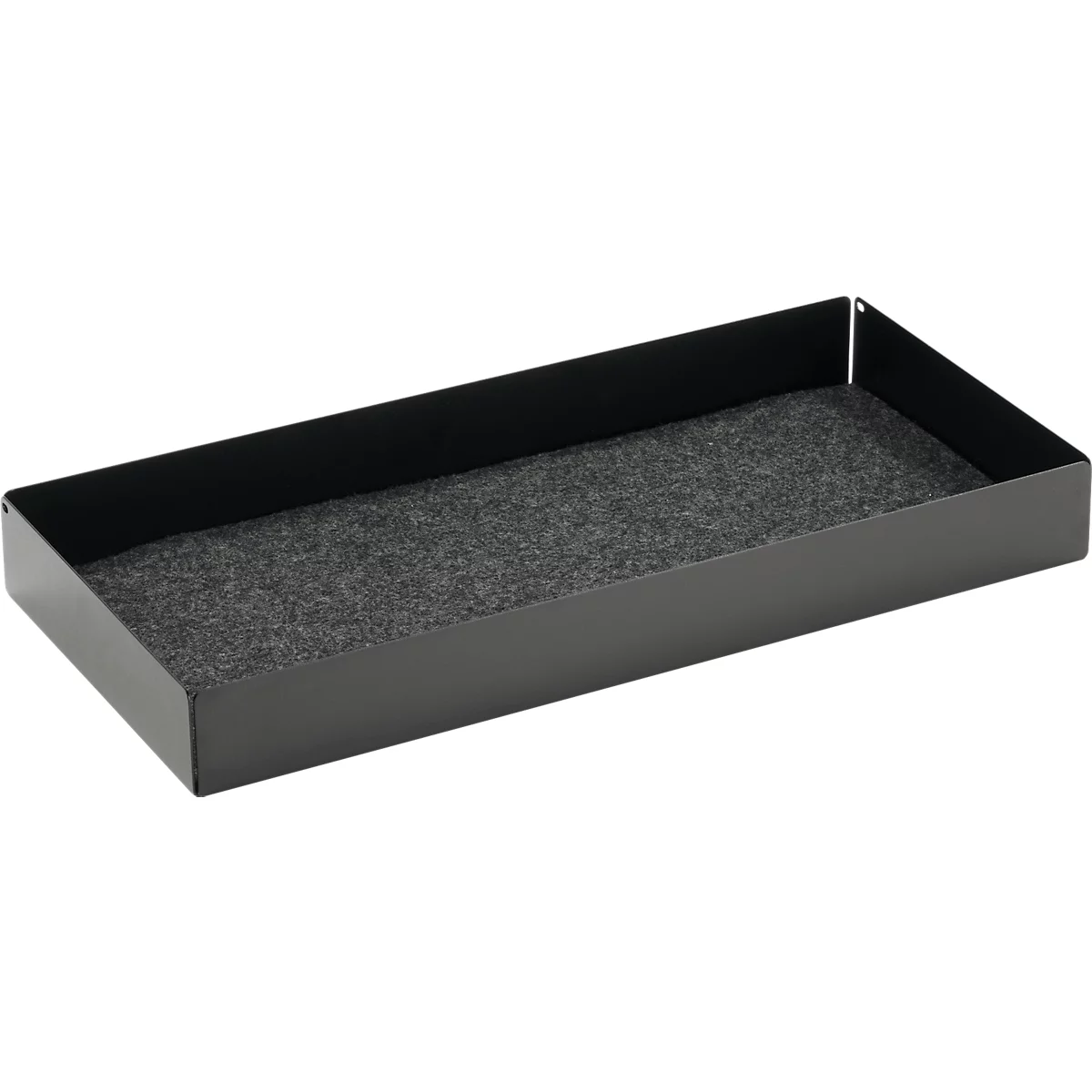 Plateau rectangulaire noir doublé de feutre gris.