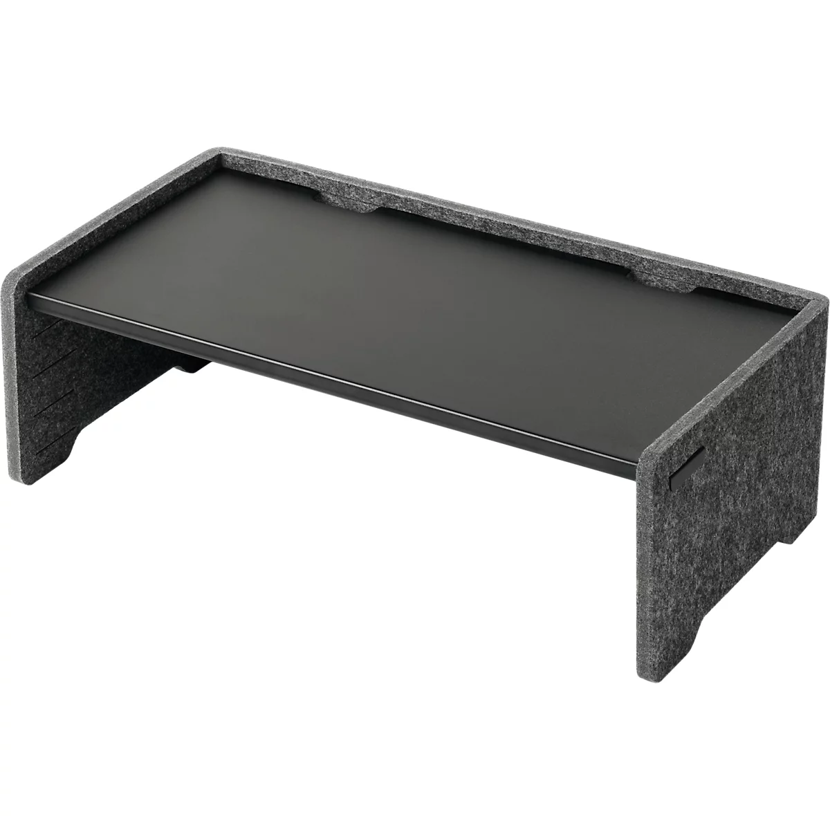 Étagère de bureau grise avec des côtés en feutre et une étagère sombre.