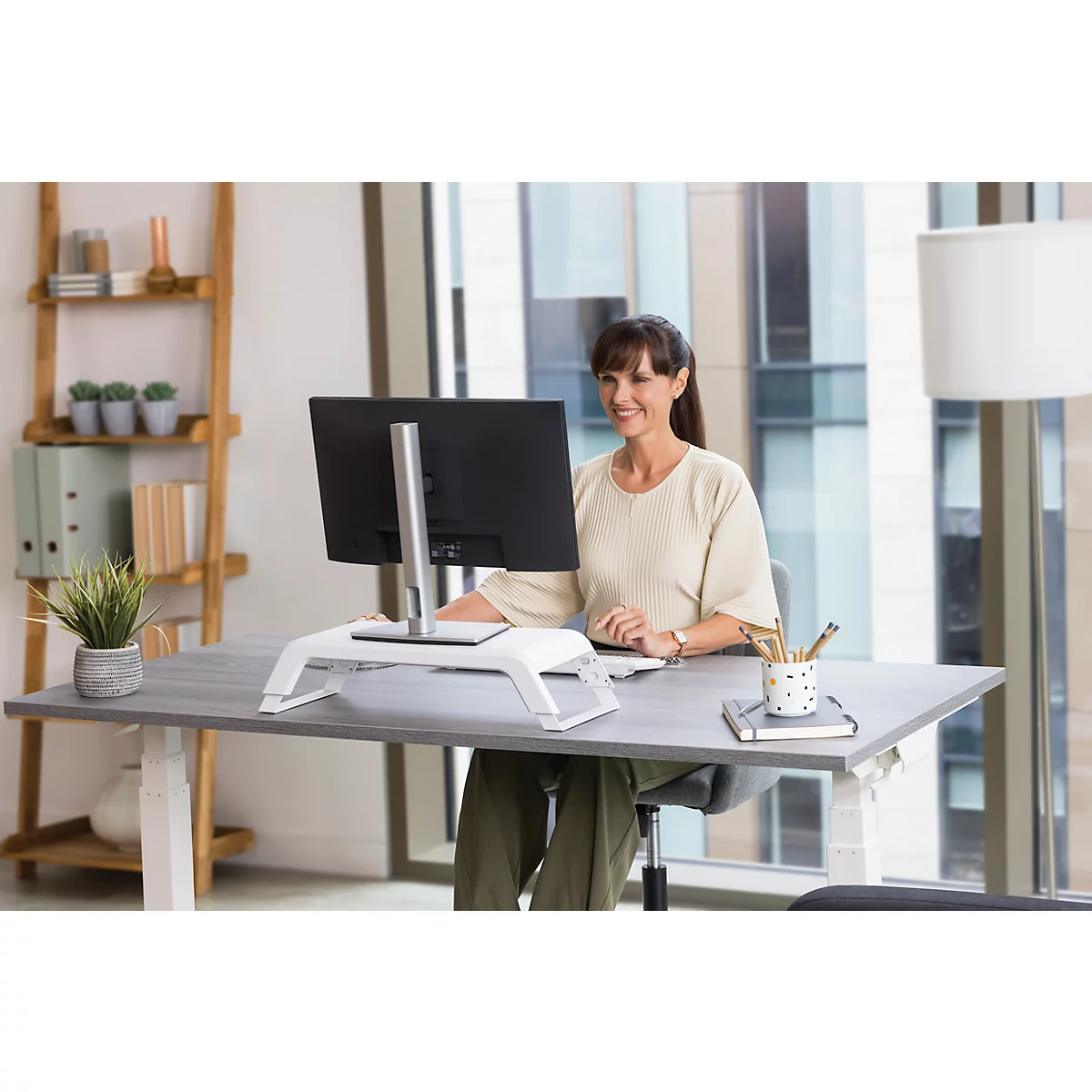 Support d'écran Fellowes Hana™ LT, pour 1 écran jusqu'à 22,6 kg, réglable en hauteur sur 3 positions, avec espace de rangement, L 560 x P 222 x H 102 mm, blanc