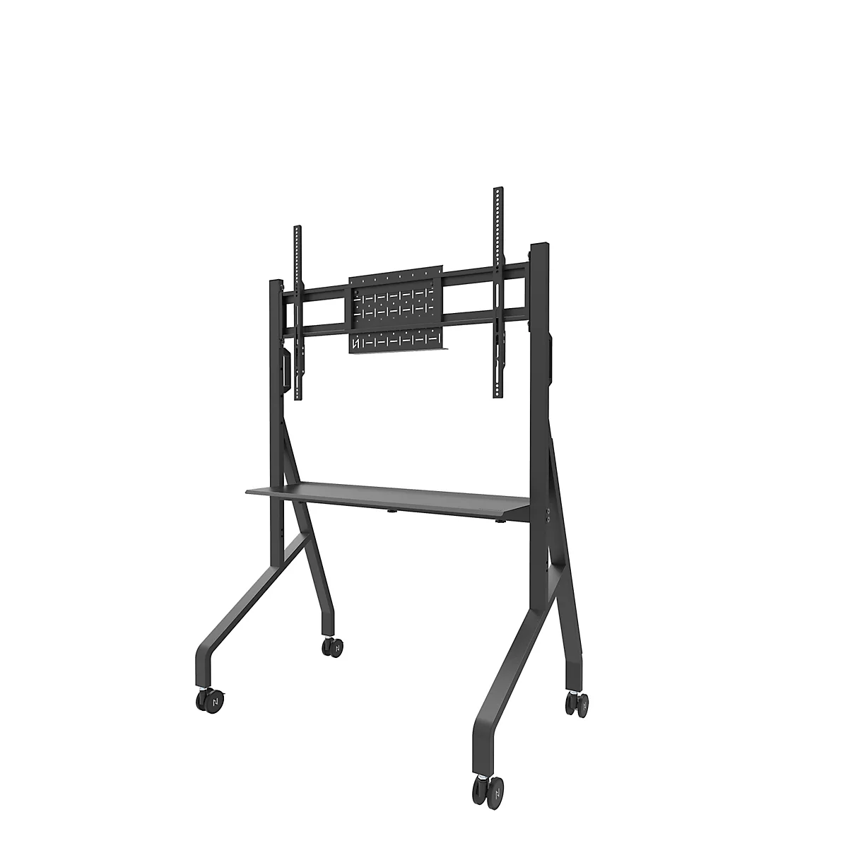 Support TV noir roulant avec support réglable en hauteur et étagère.