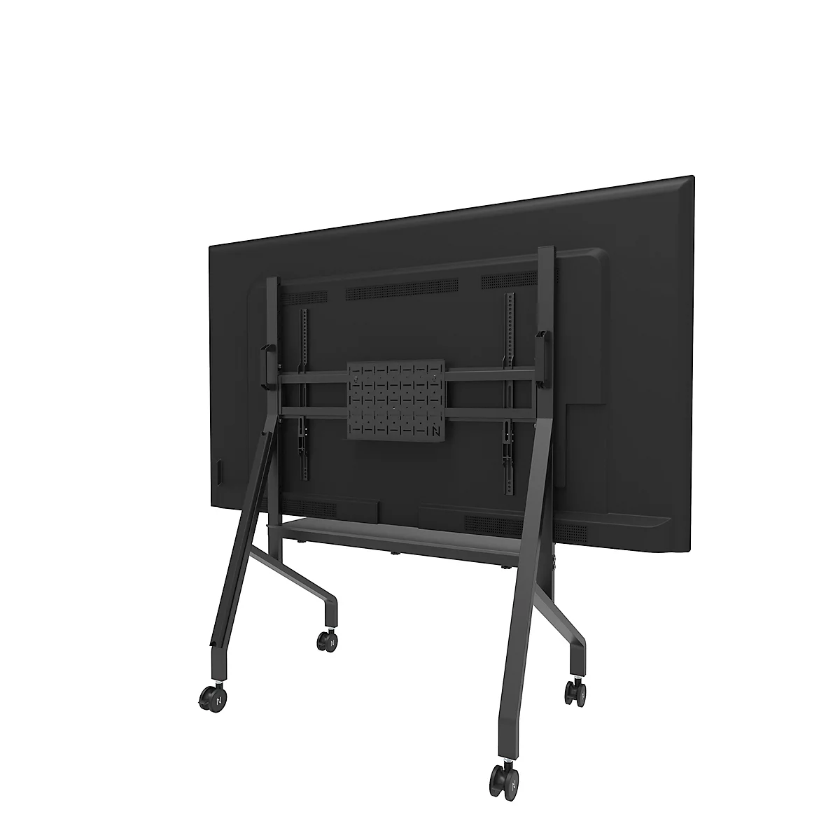 Un téléviseur noir sur un support mobile, vue arrière. Le support est équipé de roulettes et de pieds métalliques.